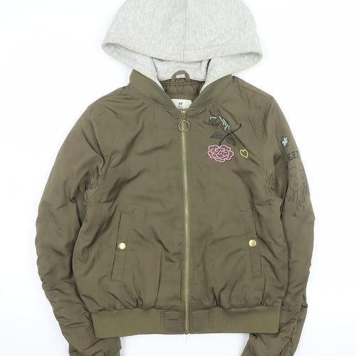 H&M Girls Green Hooded Bomber Jacket 11-12 Years Unicorn Embroidered
