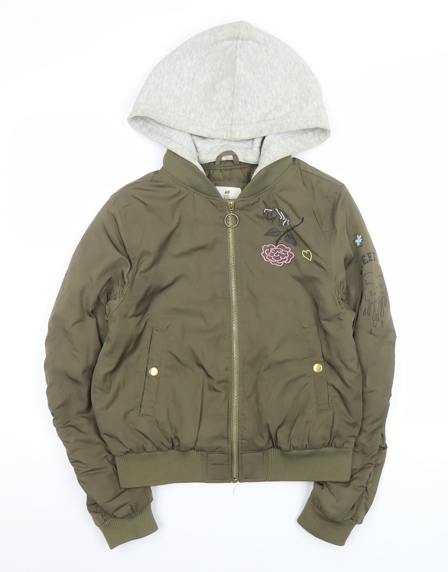 H&M Girls Green Hooded Bomber Jacket 11-12 Years Unicorn Embroidered
