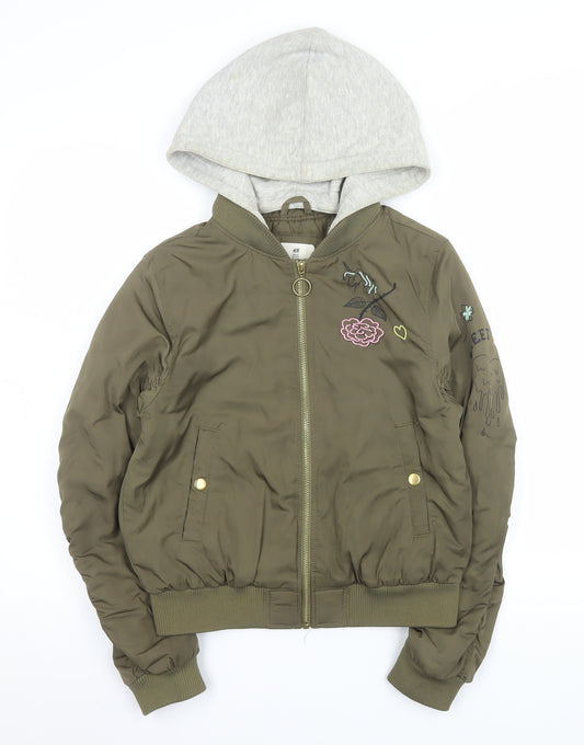 H&M Girls Green Hooded Bomber Jacket 11-12 Years Unicorn Embroidered