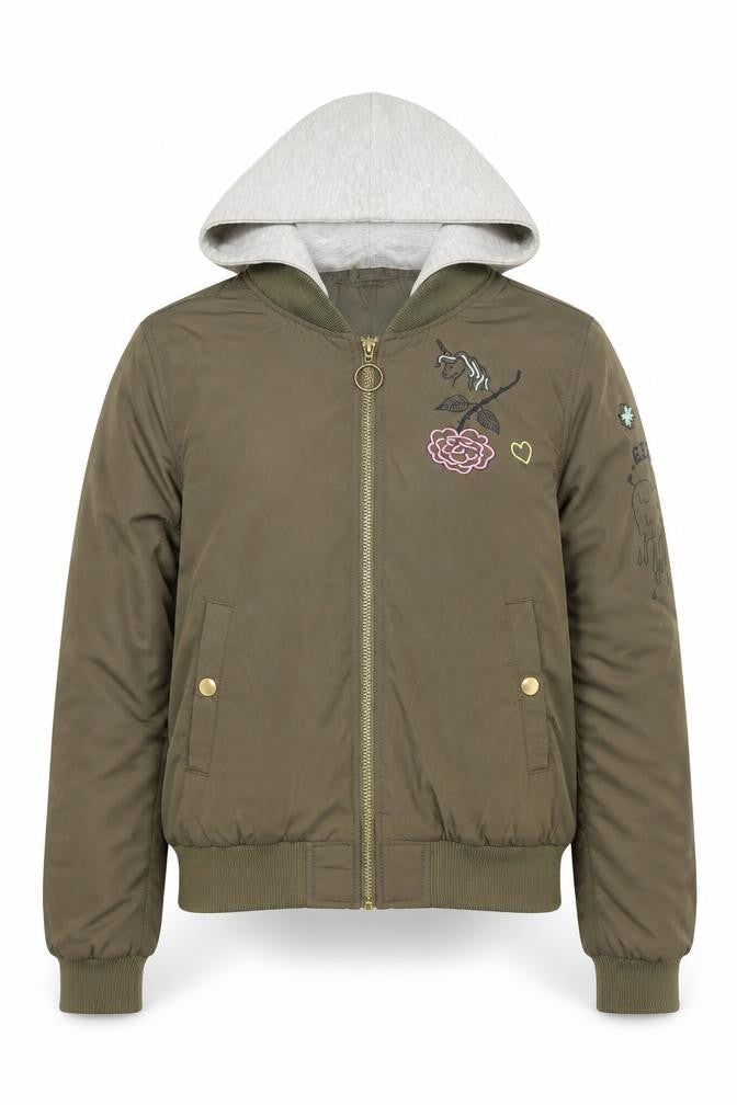 H&M Girls Green Hooded Bomber Jacket 11-12 Years Unicorn Embroidered