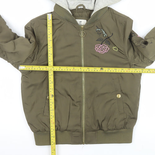 H&M Girls Green Hooded Bomber Jacket 11-12 Years Unicorn Embroidered