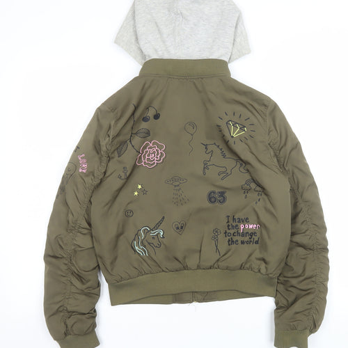 H&M Girls Green Hooded Bomber Jacket 11-12 Years Unicorn Embroidered
