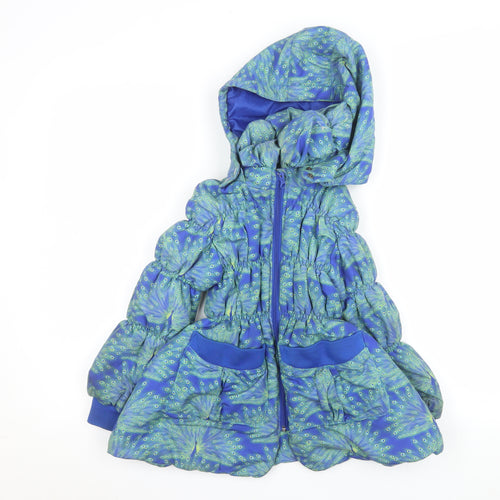 Mim-Pi Girls Blue Peacock Print Puffer Coat 7 Years Hooded Lined Zip