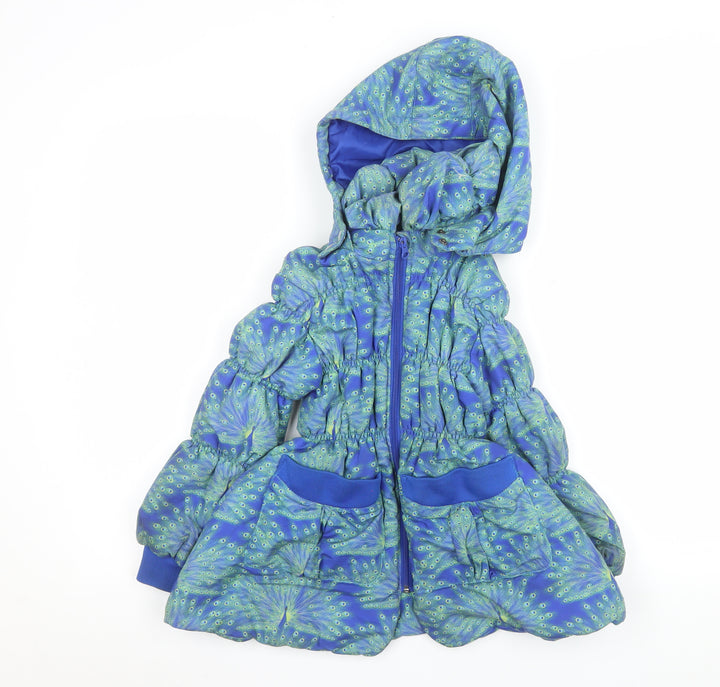 Mim-Pi Girls Blue Peacock Print Puffer Coat 7 Years Hooded Lined Zip