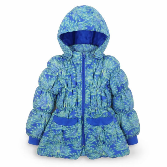 Front view of Mim-Pi girls’ blue peacock print puffer coat 7 years hooded lined zip