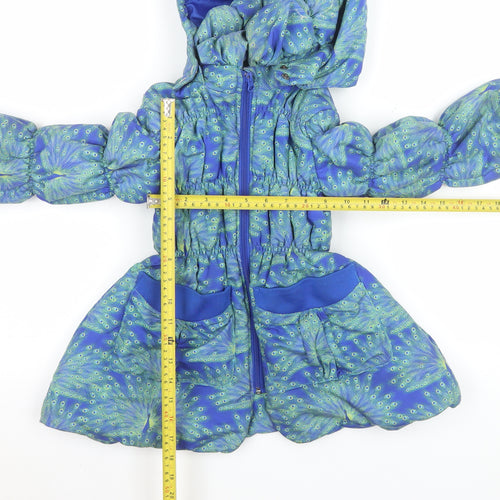 Mim-Pi Girls Blue Peacock Print Puffer Coat 7 Years Hooded Lined Zip