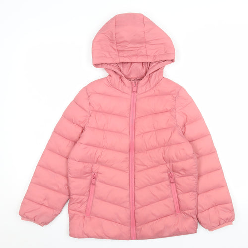 Marks and Spencer Girls Pink Hooded Puffer Jacket 8-9 Years Lined Water Repellent
