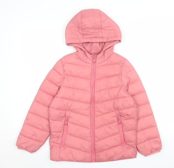 Marks and Spencer Girls Pink Hooded Puffer Jacket 8-9 Years Lined Water Repellent