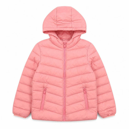 Front view of Marks & Spencer girls’ pink hooded puffer jacket 8-9 years lined water repellent