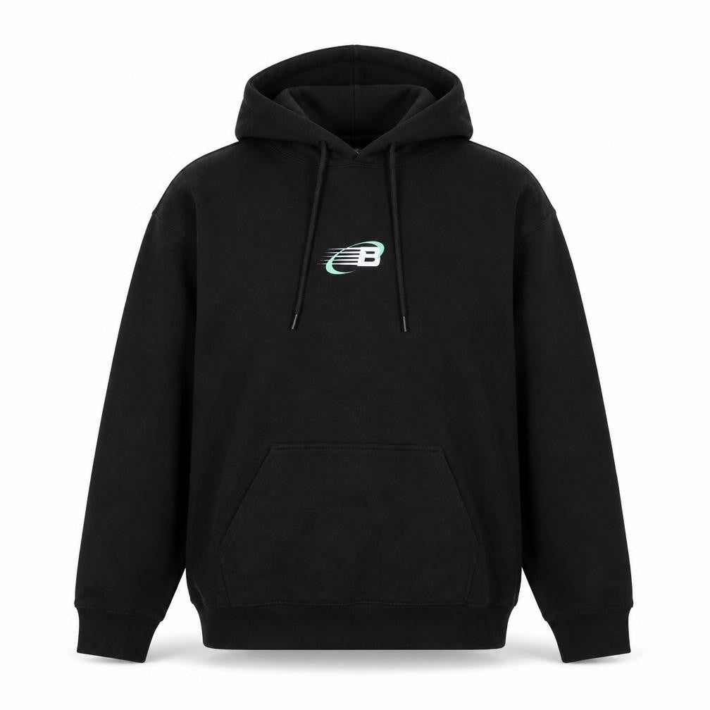 Front view of boohooMAN Men's Black Pullover Hoodie S Logo Fleece Sweatshirt