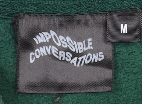 Impossible Conversations Men's Green Pullover Hoodie Size M Embroidered Graphic