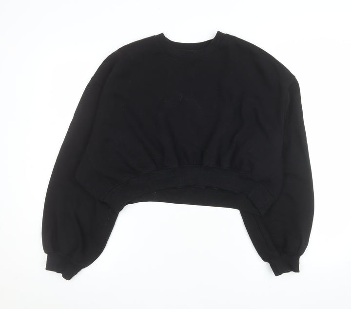 ZARA Women Black L Cropped Pullover Sweatshirt Cotton Blend