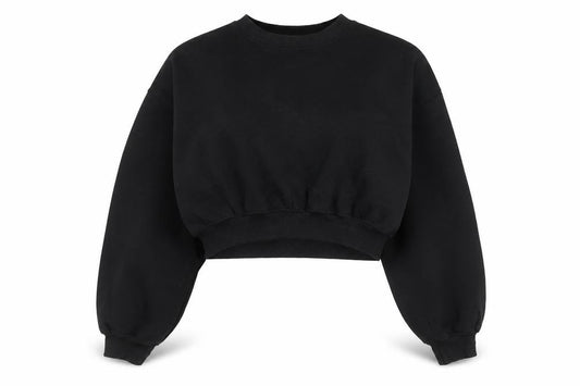 Front view of Zara Women Black L Cropped Pullover Sweatshirt Cotton Blend