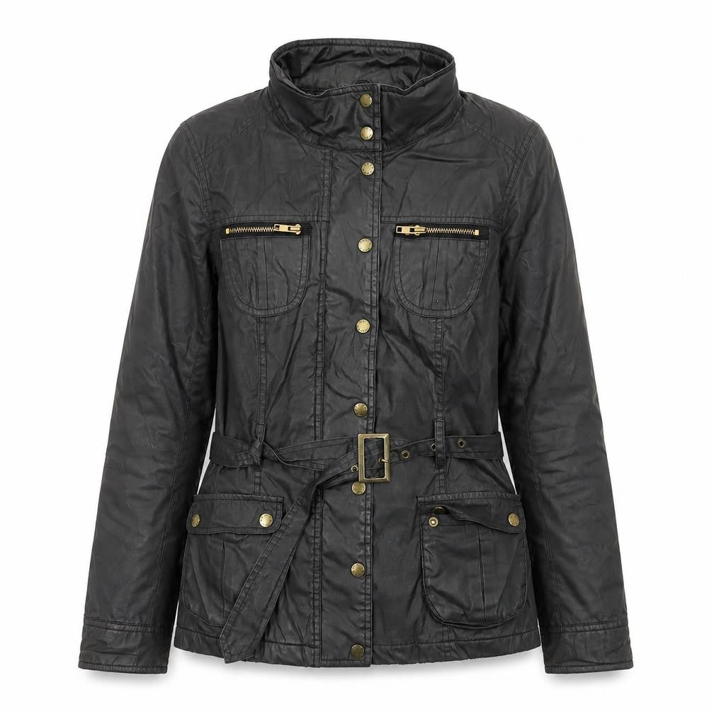 Oasis Women’s Black Belted Waxed Cotton Mid-Length Parka Jacket M