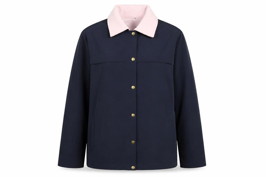 Front view of Marks & Spencer women’s blue pink collar mid-length jacket uk 12
