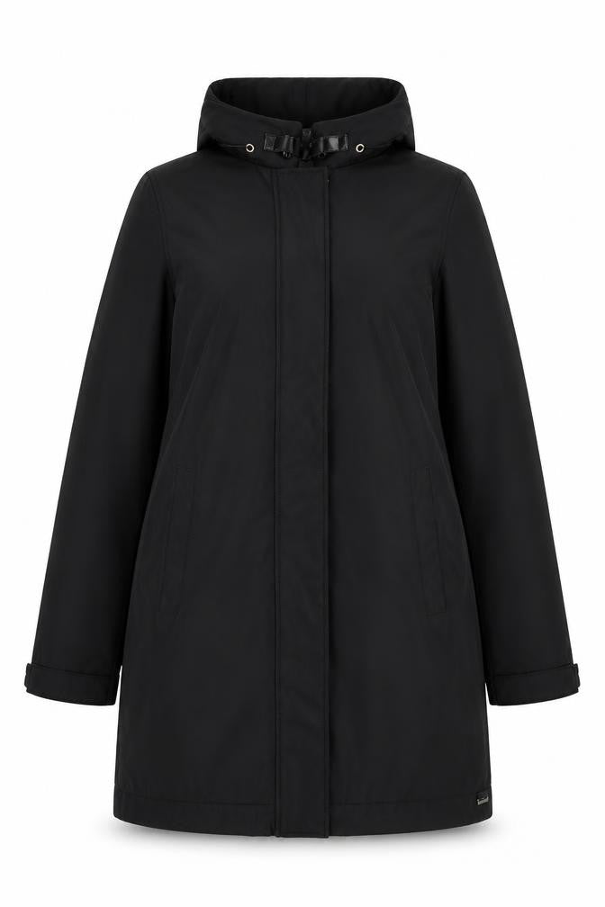 Front view of ReSET Women's Black Waterproof Long Hooded Rain Coat, size 12