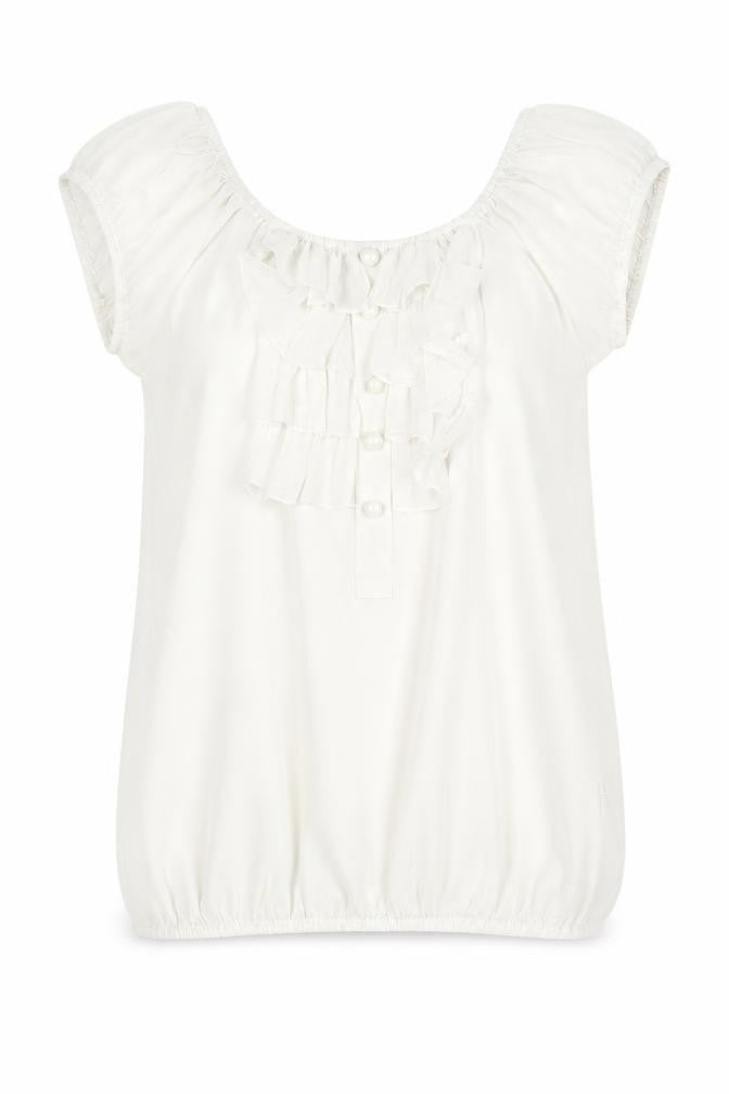 Front view of Purple Women's White Ruffle Chiffon Tunic Blouse, size S