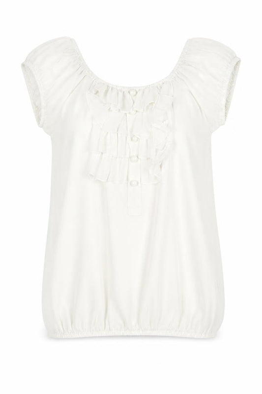 Front view of Purple Women's White Ruffle Chiffon Tunic Blouse, size S