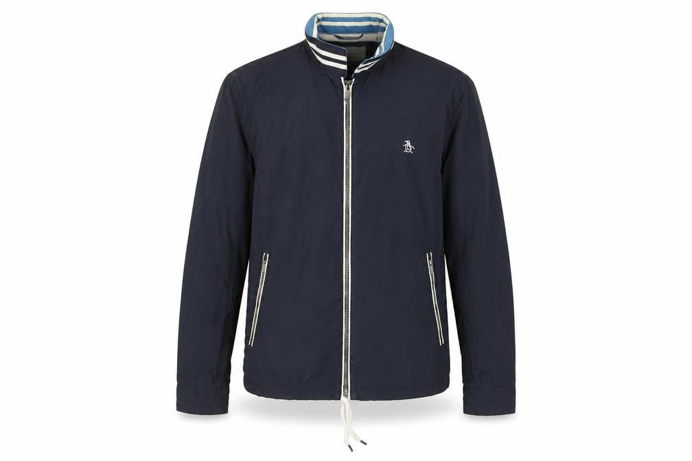 Front view of Original Penguin boys’ blue bomber jacket, size S, nylon cotton lightweight
