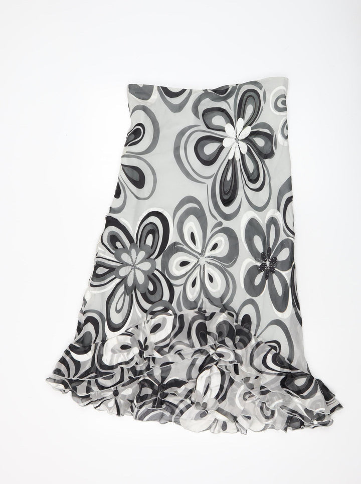 Arruba Women’s Grey Floral Silk Midi Flare Skirt Size 14