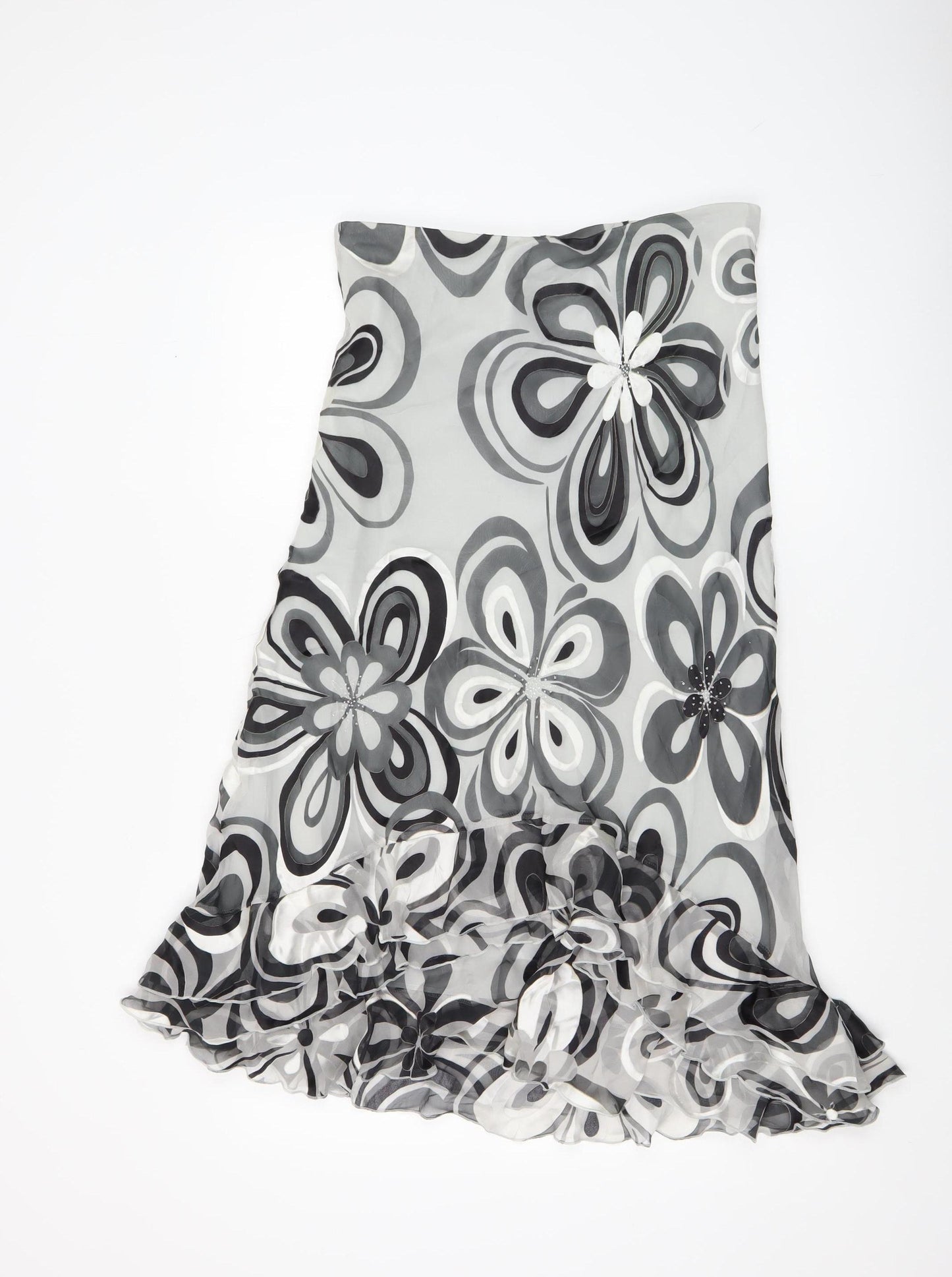 Arruba Women’s Grey Floral Silk Midi Flare Skirt Size 14