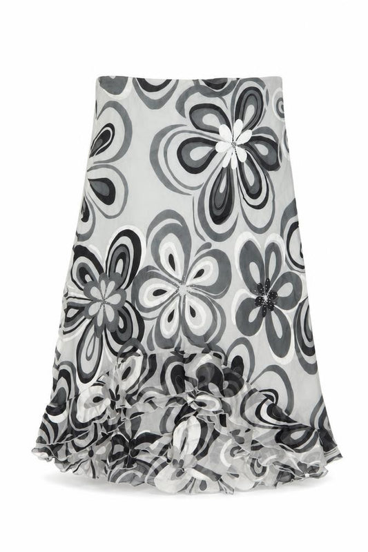 Front view of Arruba Women’s Grey Floral Silk Midi Flare Skirt, size UK 14