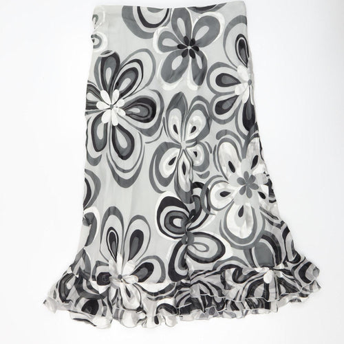 Arruba Women’s Grey Floral Silk Midi Flare Skirt Size 14