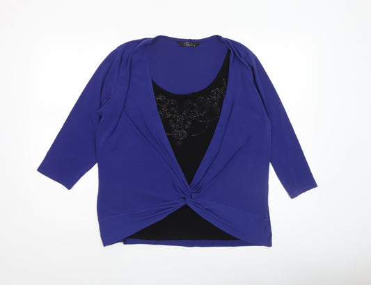 Bm Women Blue Beaded Wrap Blouse Size 16 3/4 Sleeve