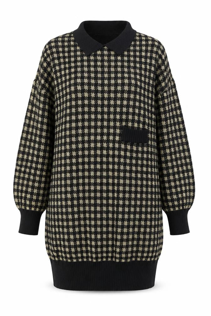 Front view of Cinzano women’s black beige collared long sleeve patterned jumper, size UK 20