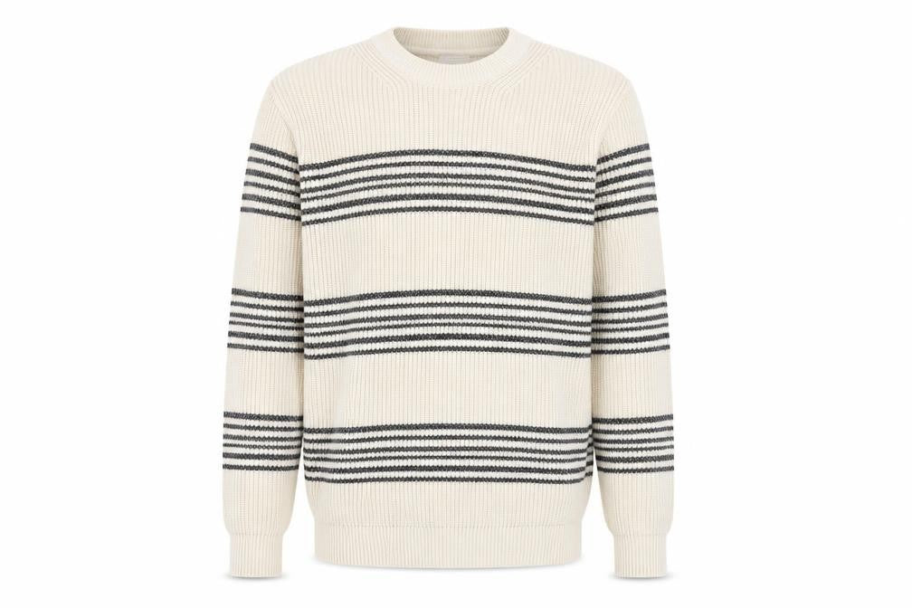 Front view of Jack & Jones Men’s Ivory Striped Cotton Knit Jumper, size M