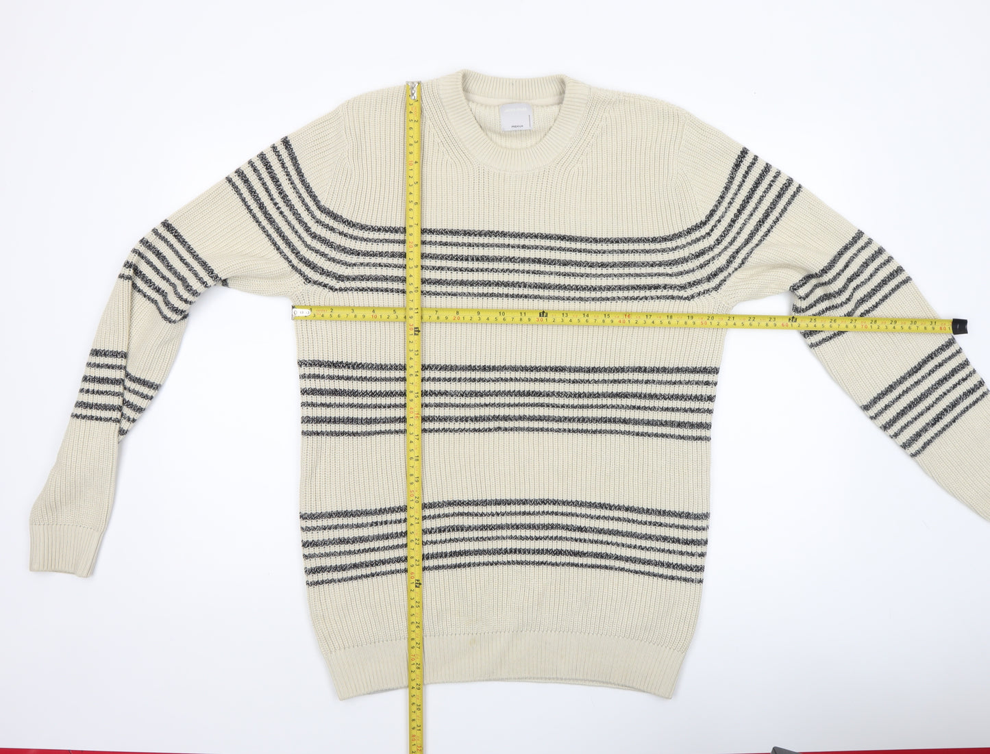 Jack & Jones Men’s Ivory Striped Cotton Knit Jumper Size M