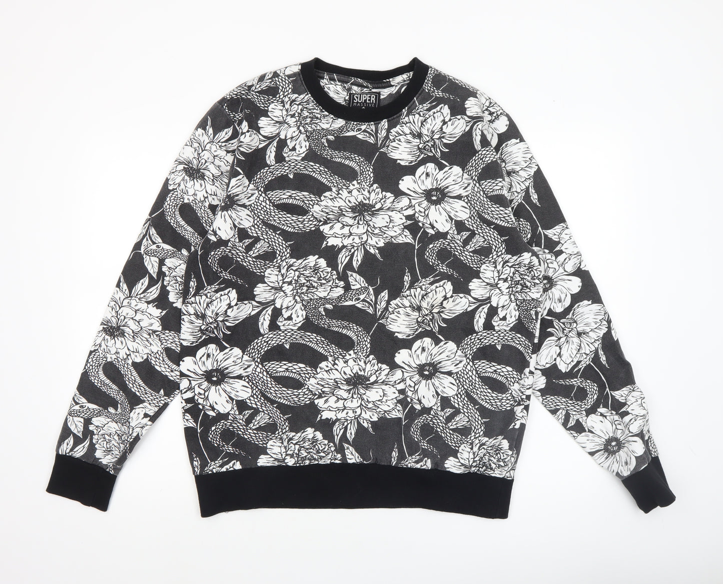 Super Massive Men's Black Floral Snake Print Sweatshirt Medium