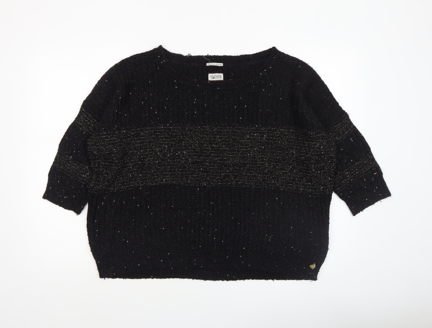 Hilfiger Denim Womens Black Sequin Knit Jumper XL Relaxed Fit