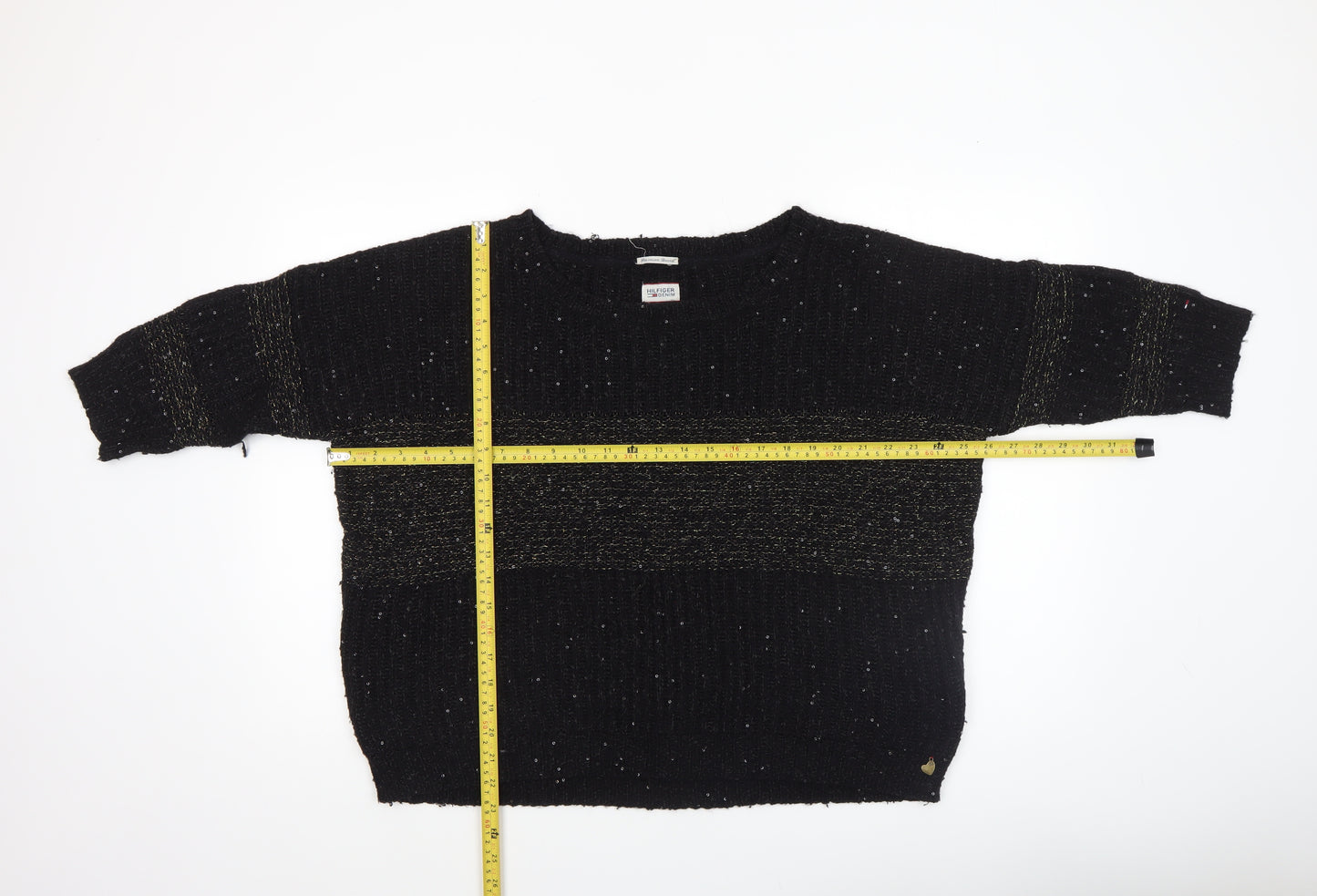 Hilfiger Denim Womens Black Sequin Knit Jumper XL Relaxed Fit