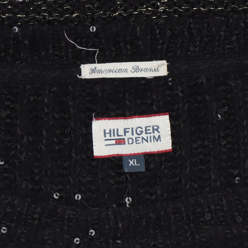 Hilfiger Denim Womens Black Sequin Knit Jumper XL Relaxed Fit