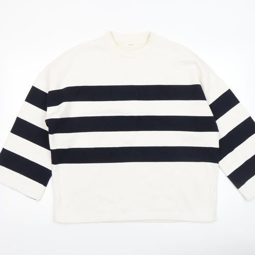 Reserved Women's White and Navy Striped Crew Neck Pullover Sweatshirt Size S