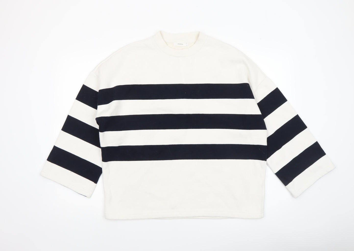 Reserved Women's White and Navy Striped Crew Neck Pullover Sweatshirt Size S