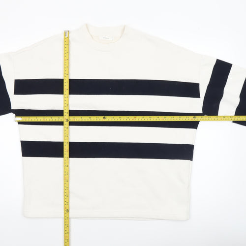 Reserved Women's White and Navy Striped Crew Neck Pullover Sweatshirt Size S