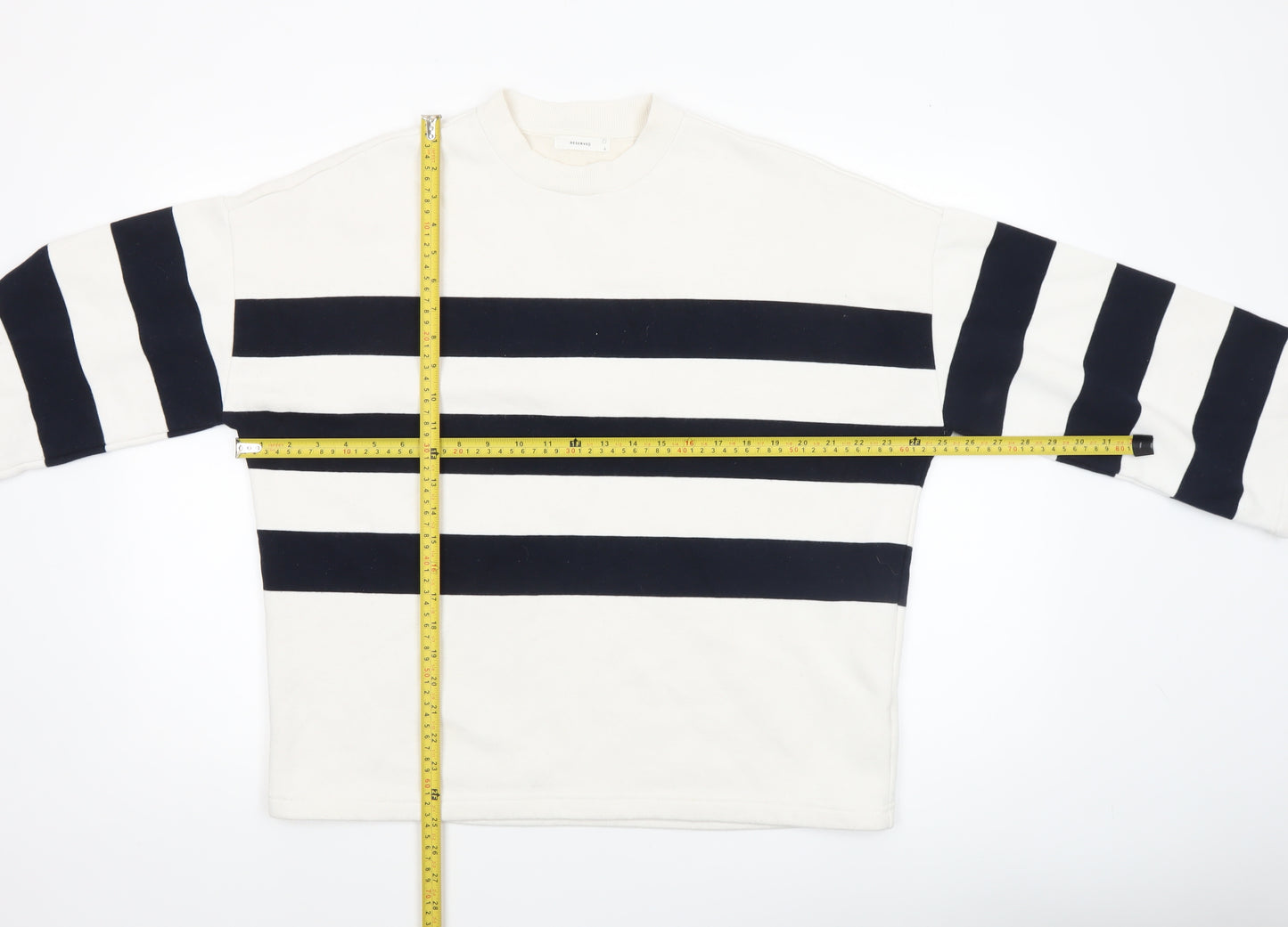 Reserved Women's White and Navy Striped Crew Neck Pullover Sweatshirt Size S