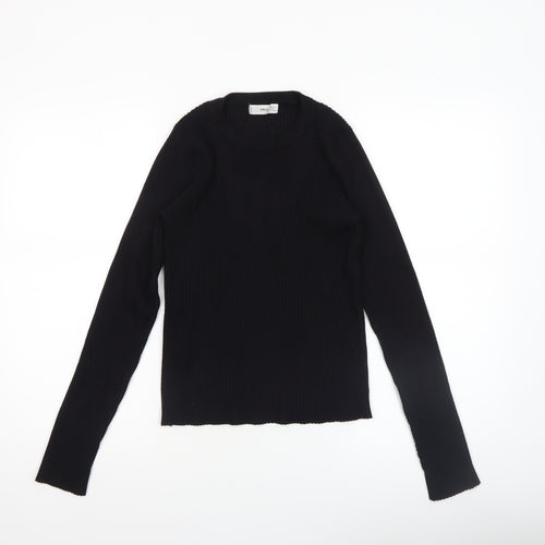 MNG Women Black Slim Fit Ribbed Knit Long Sleeve Pullover Jumper Size 12