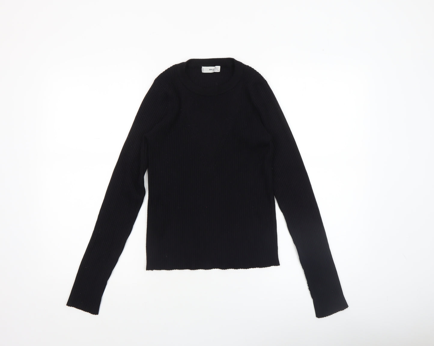 MNG Women Black Slim Fit Ribbed Knit Long Sleeve Pullover Jumper Size 12