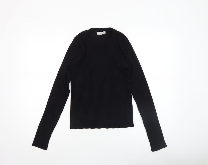 MNG Women Black Slim Fit Ribbed Knit Long Sleeve Pullover Jumper Size 12