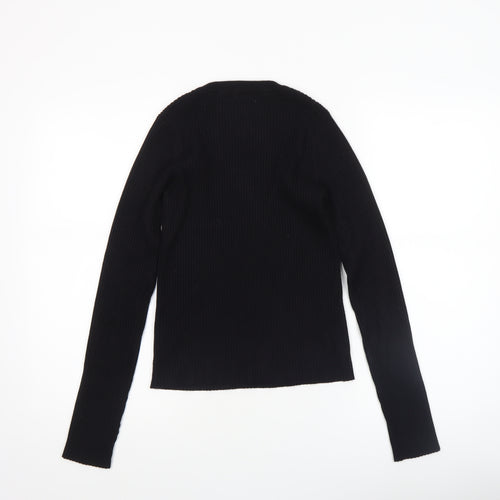 MNG Women Black Slim Fit Ribbed Knit Long Sleeve Pullover Jumper Size 12