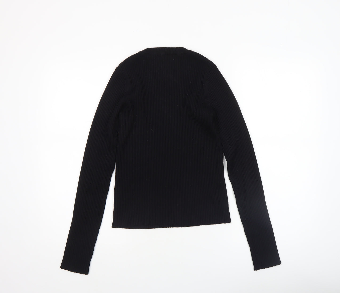 MNG Women Black Slim Fit Ribbed Knit Long Sleeve Pullover Jumper Size 12