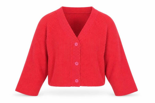 Front view of ASOS DESIGN Women’s Red V-Neck Button Rib Knit Cardigan, size S, UK 8-10