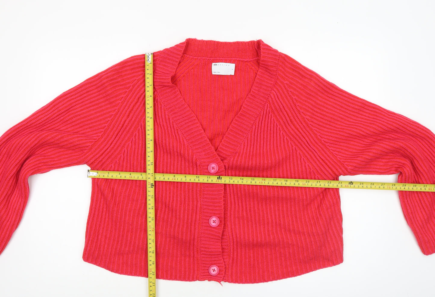 ASOS DESIGN Women’s Red V-Neck Button Rib Knit Cardigan Size S UK 8-10