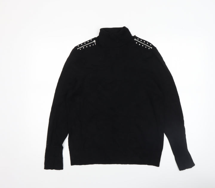 Wallis Womens Black Roll Neck Studded Shoulder Jumper UK 12