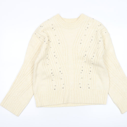 Marks and Spencer Women Ivory Beaded Cable-Knit Jumper S