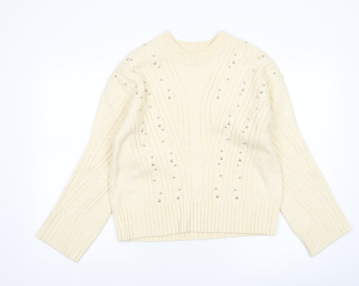 Marks and Spencer Women Ivory Beaded Cable-Knit Jumper S