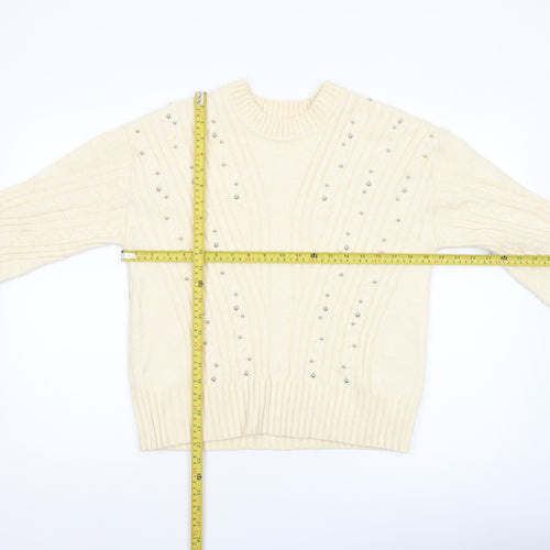 Marks and Spencer Women Ivory Beaded Cable-Knit Jumper S